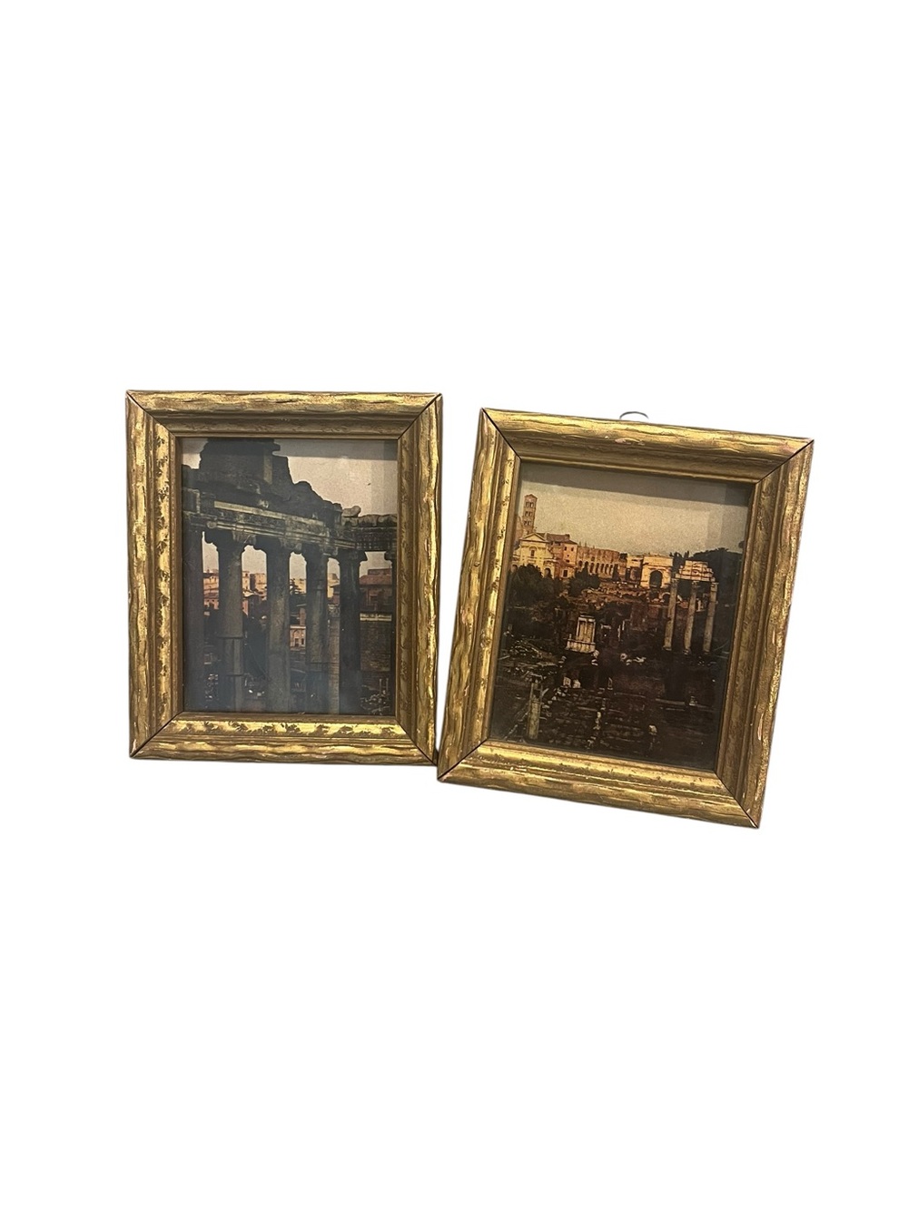 Vintage Pair Framed Roman Ruins Prints Gold Tone Ornate Wood Historic Italian